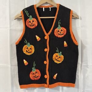 Vintage 90s Basic Editions Halloween Vest Womens Med Jack O Lantern Pumpkin